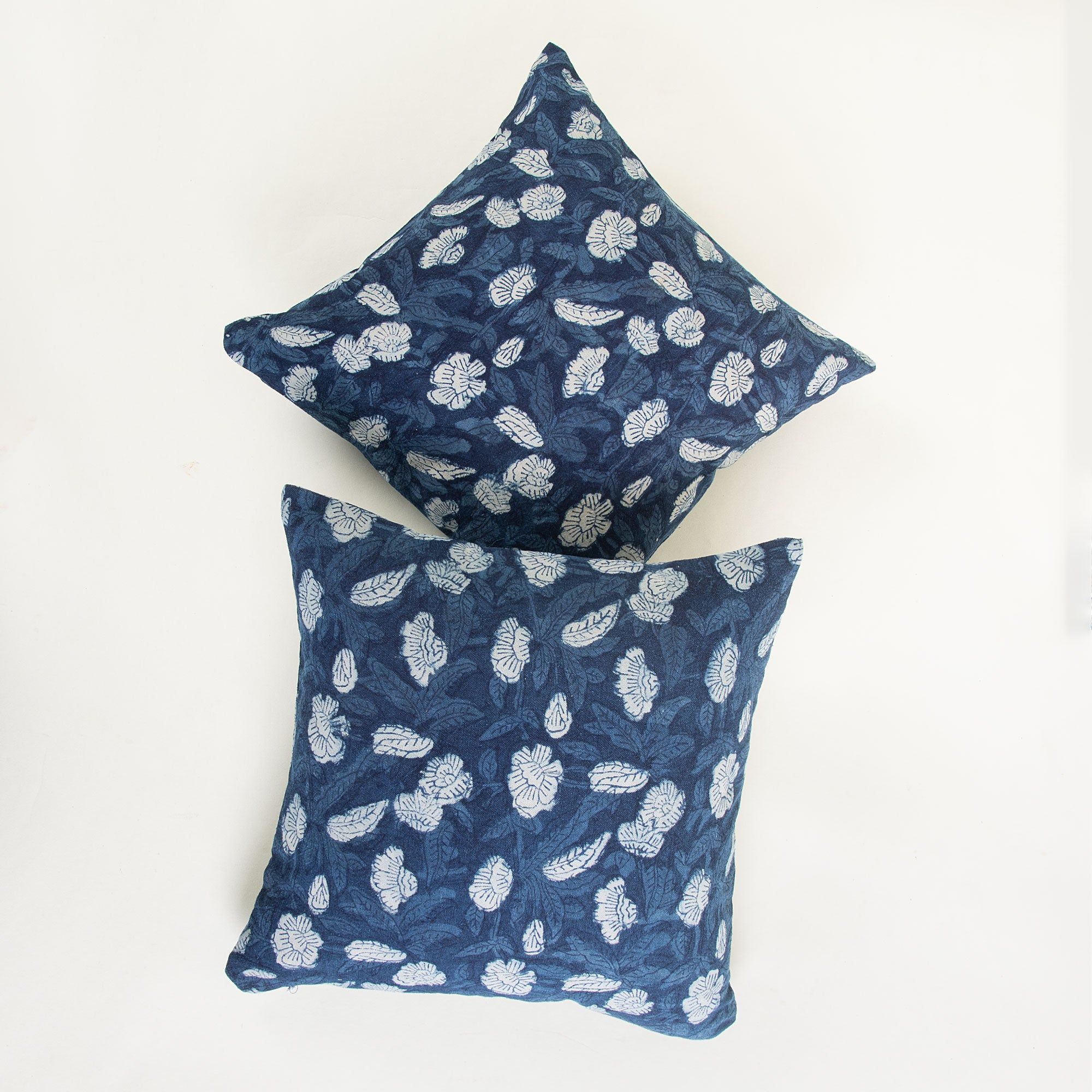 Hand Block Flower Print Indigo Canvas Cushion Cover
